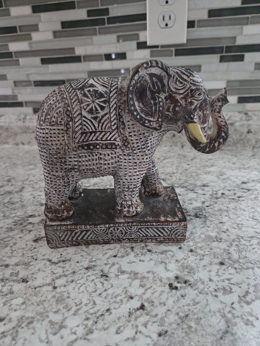 Decorative Carved Elephant Figurine in Distressed Brown White ceramic elephan